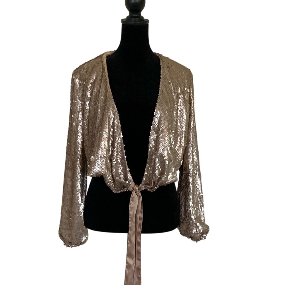 Mia Joy Gold Sequin Tie-Front Crop Jacket Top Size XS Long‎ Sleeve Topper Party
